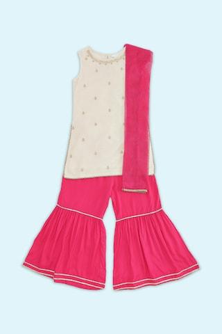 pink embroidered ethnic round neck sleeveless full length girls regular fit lehenga set