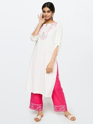 pink embroidered full length casual women regular fit trouser