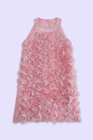 pink embroidered halter neck party knee length sleeveless girls regular fit dress