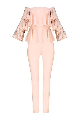 pink embroidered off shoulder top with pants and embellished choker