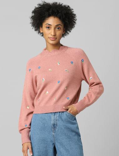 pink embroidered pullover