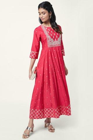 pink embroidered round neck ethnic ankle-length 3/4th sleeves women regular fit dress
