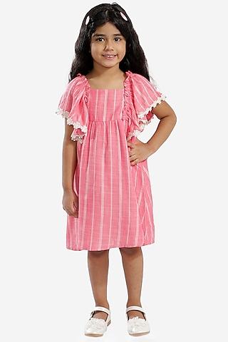 pink embroidered striped dress for girls