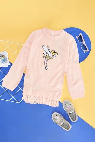 pink embroidered winter wear full sleeves round neck girls regular fit sweater