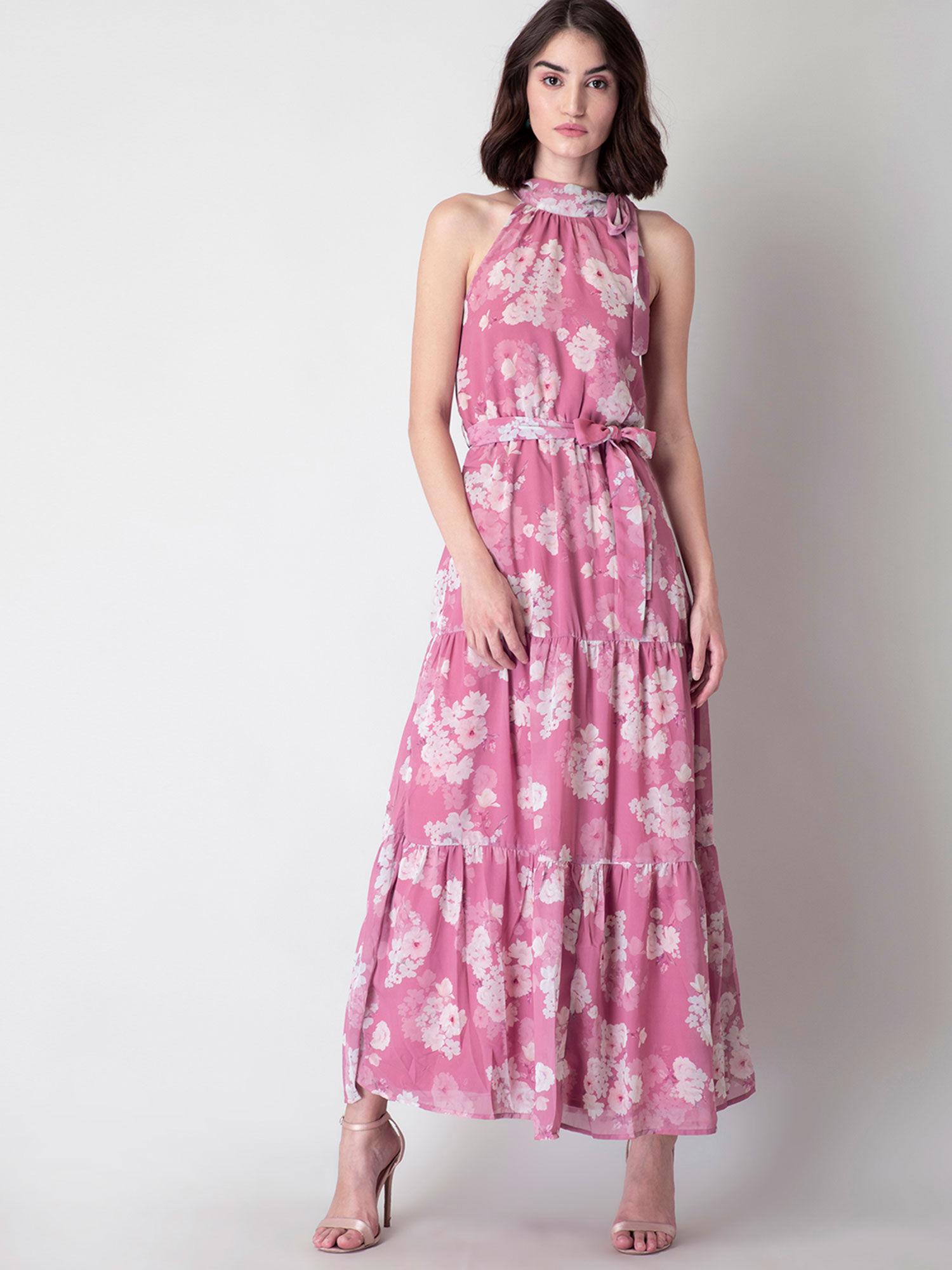 pink floral belted halter neck maxi dress