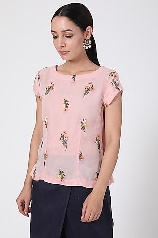 pink floral embroidered organza top