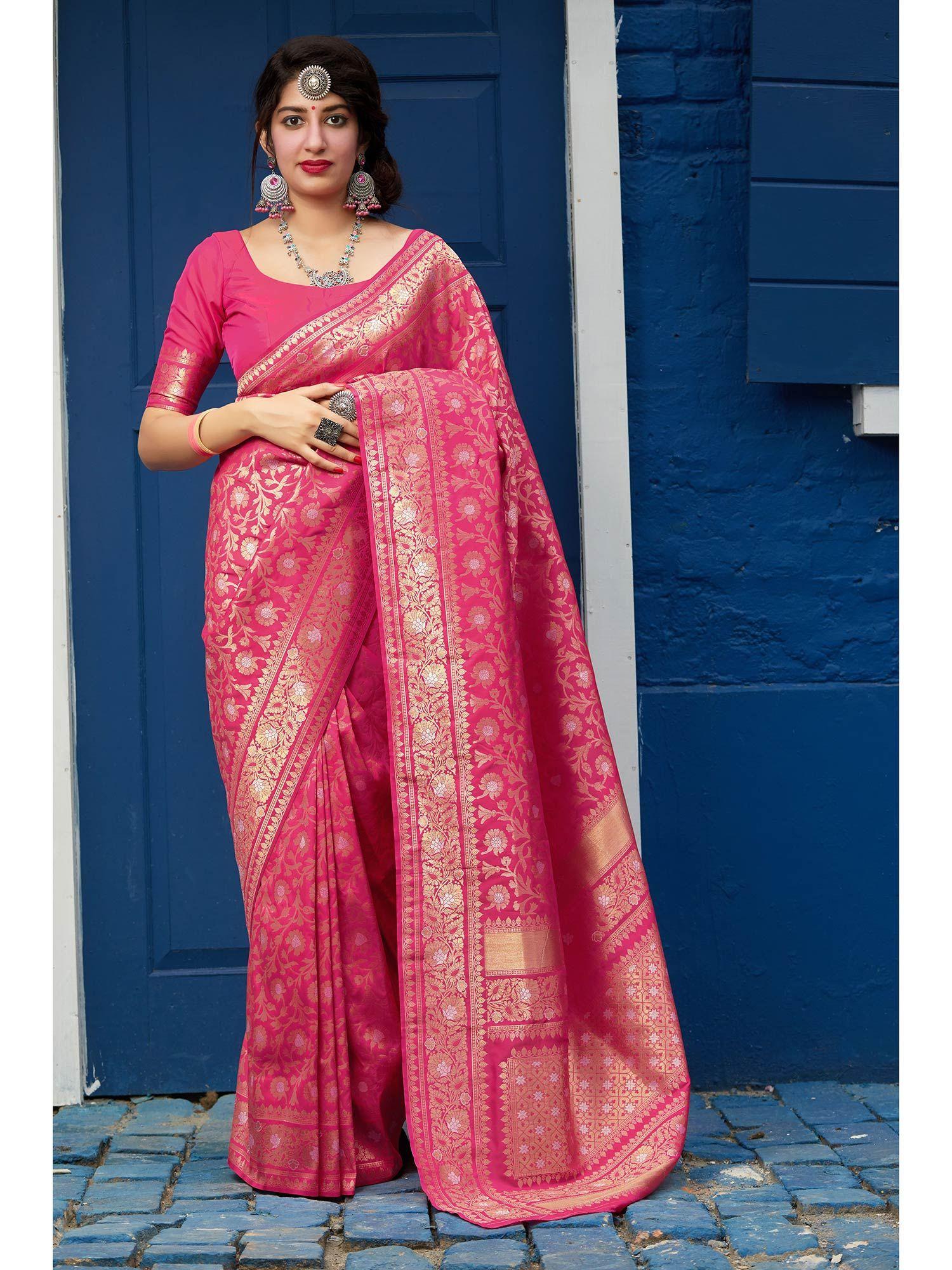 pink floral handloom saree with unstitched blouse