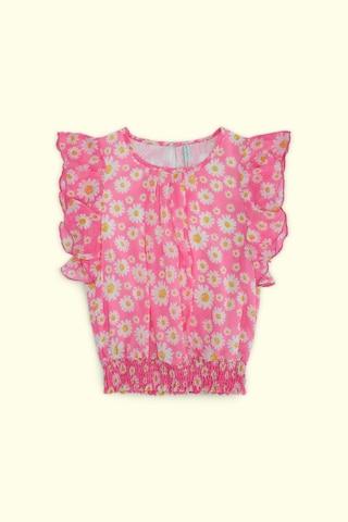 pink floral printed casual short sleeves round neck girls regular fit top