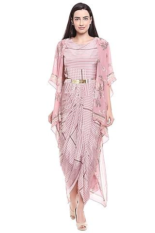 pink floral printed draped dress with cape