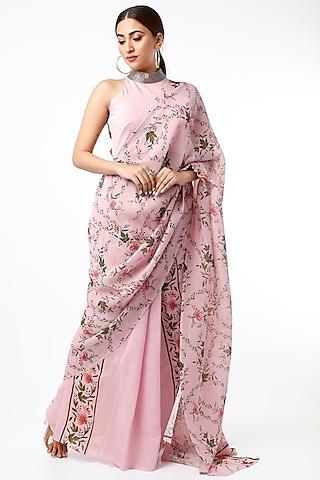 pink floral printed pleated saree set