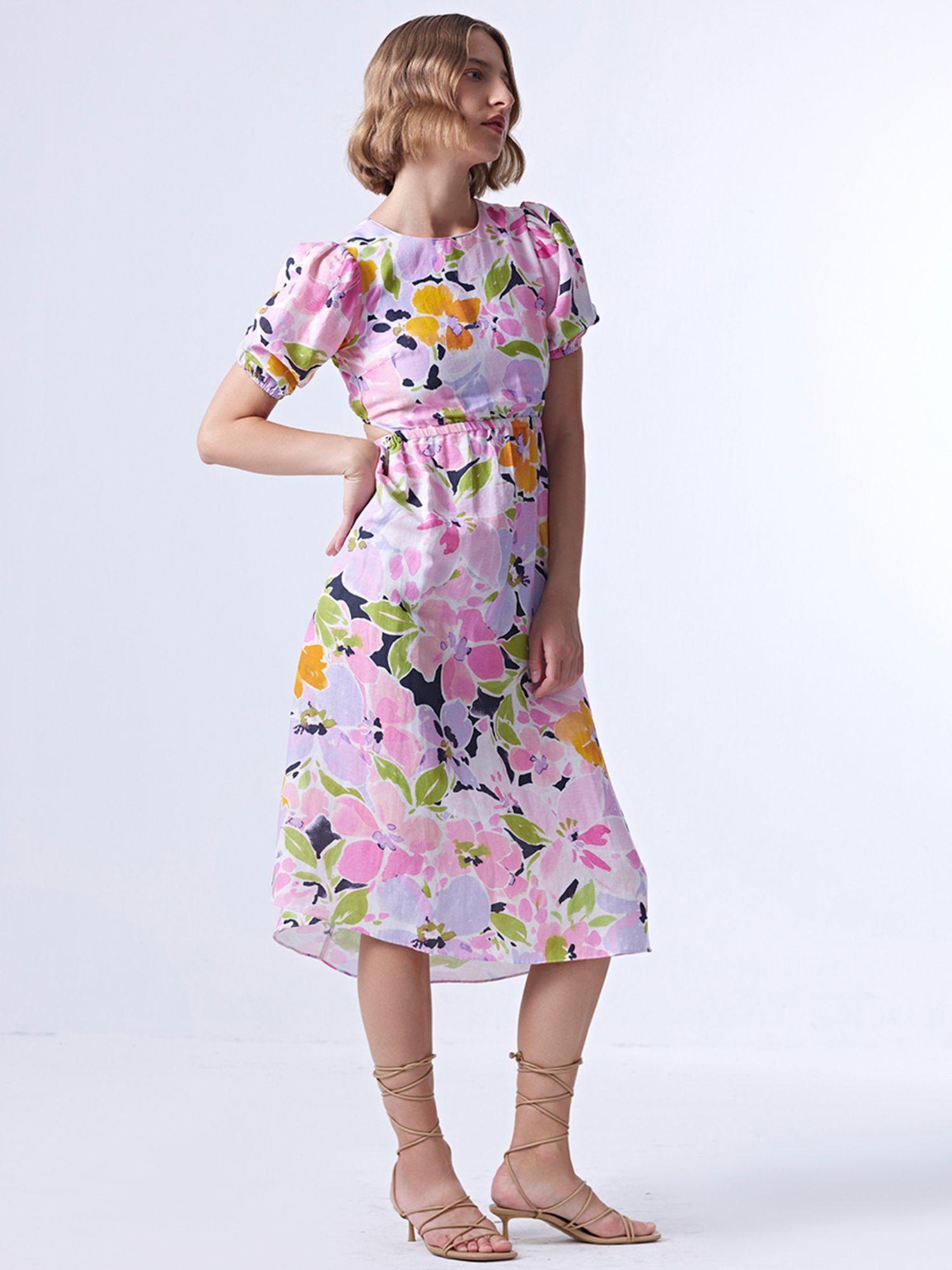 pink floral puff sleeves round neck midi dress