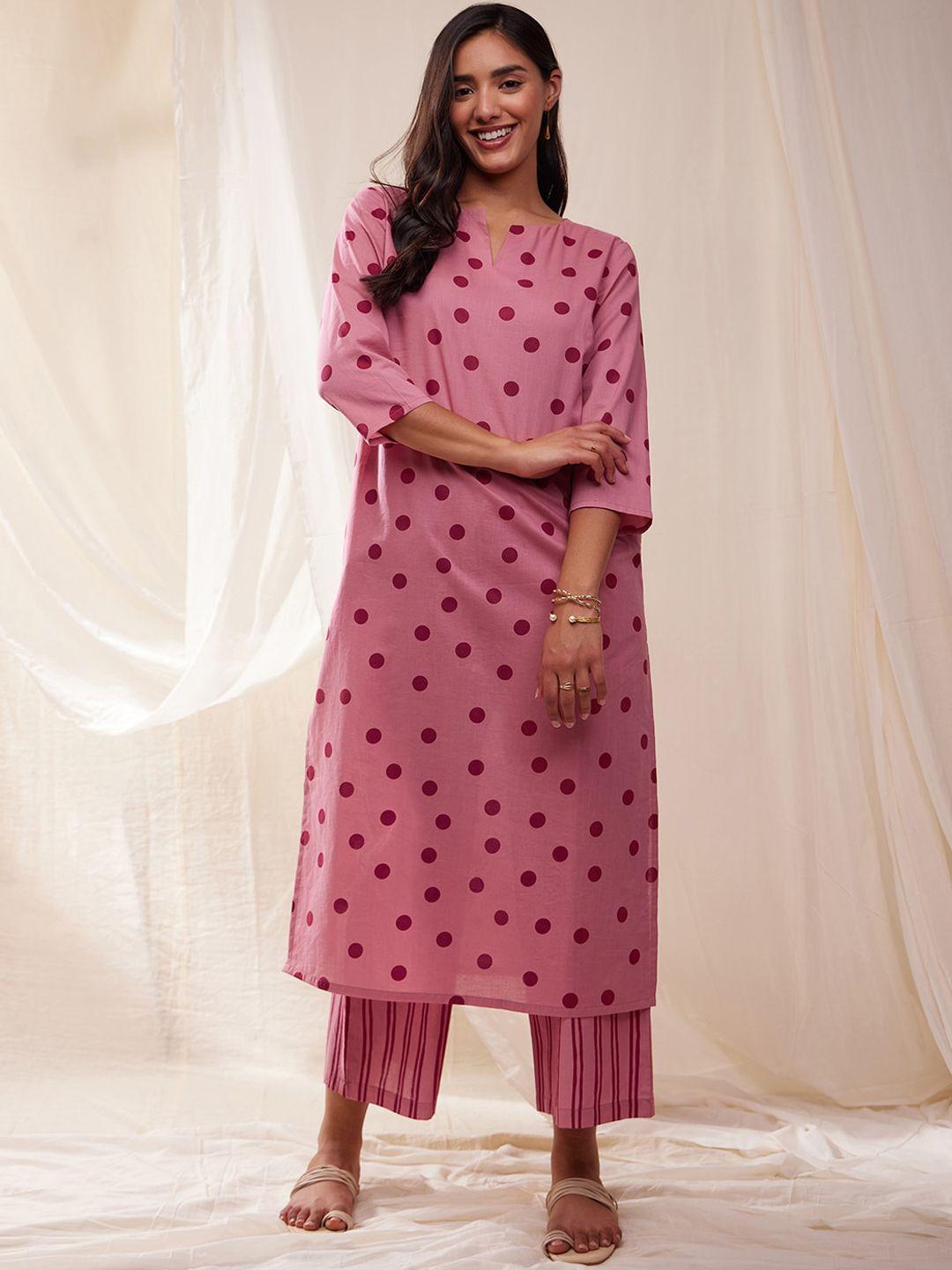 pink fort geometric printed regular pure cotton kurta with palazzos
