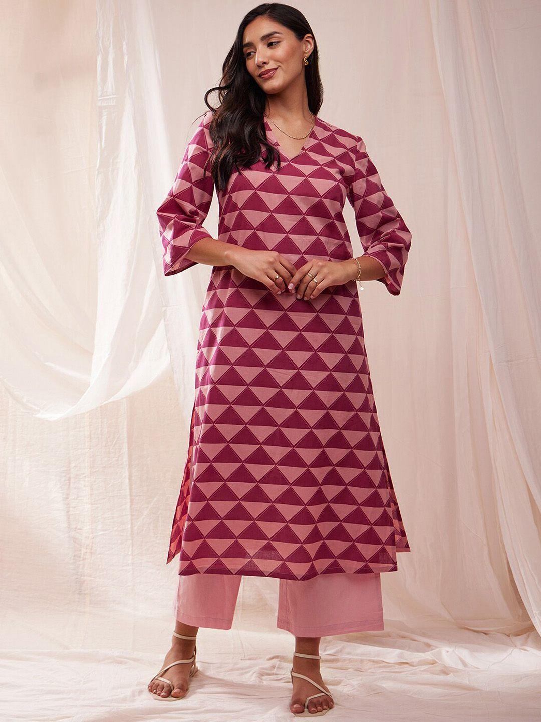 pink fort geometric printed v-neck cotton straight kurta