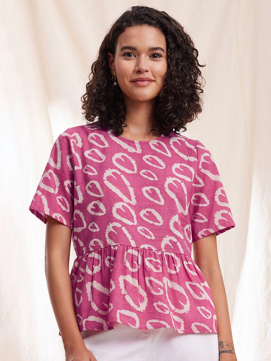 pink fort heart printed pure cotton peplum top
