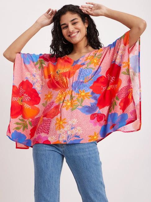 pink fort multicolored cotton floral print kaftan top