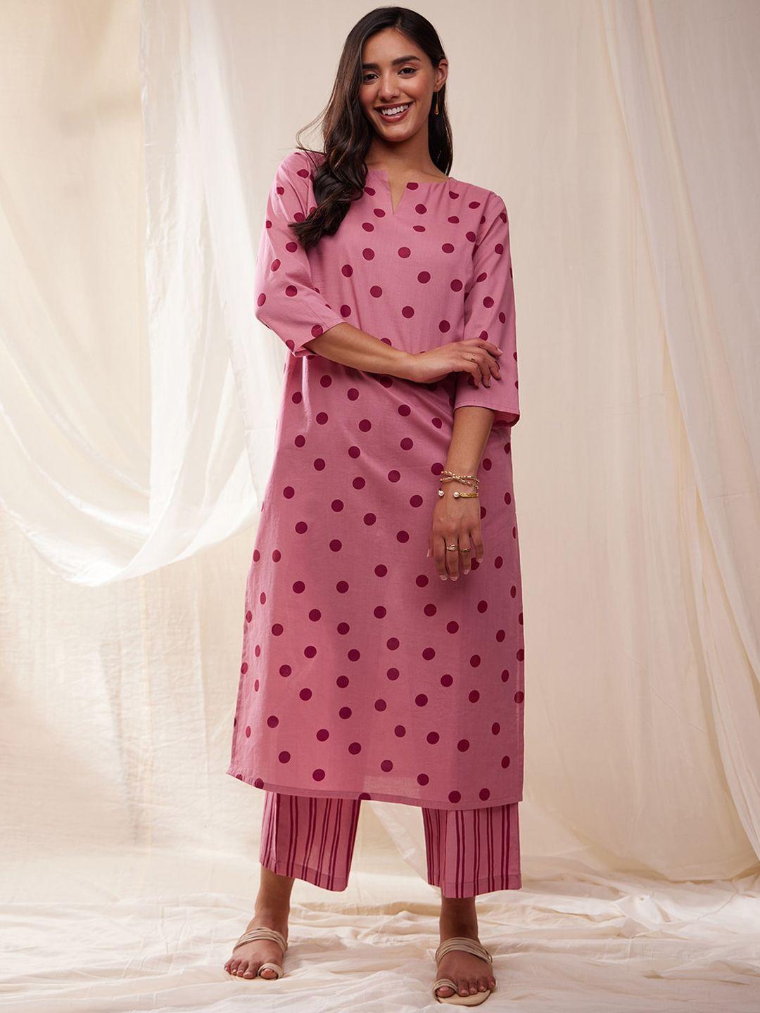 pink fort polka dots printed straight cotton kurta