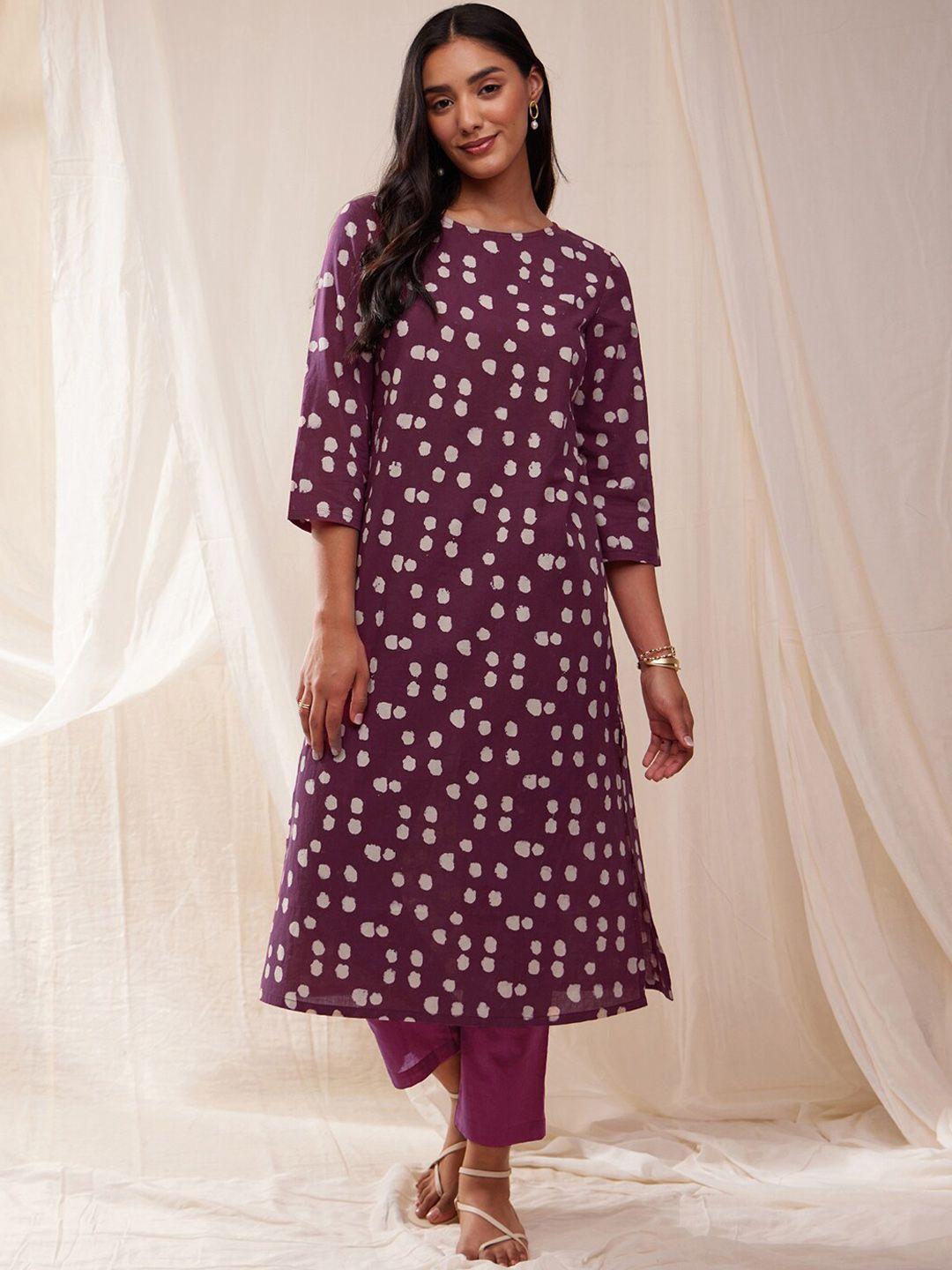 pink fort printed regular pure cotton kurta with trousers