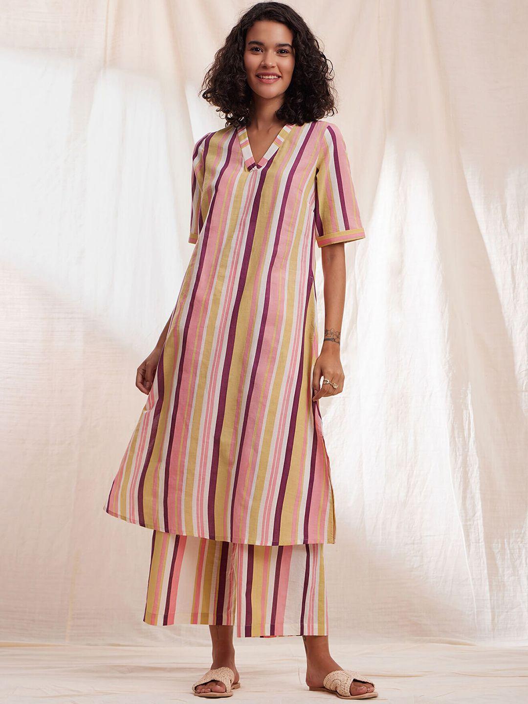pink fort striped v-neck pure cotton kurta with palazzos