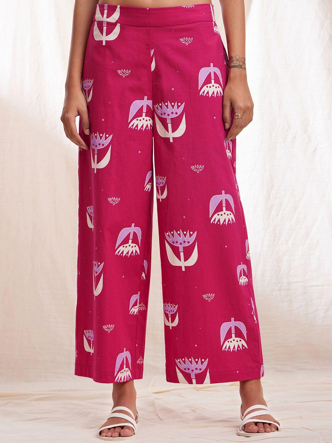 pink fort women conversational printed relaxed cotton parallel trousers