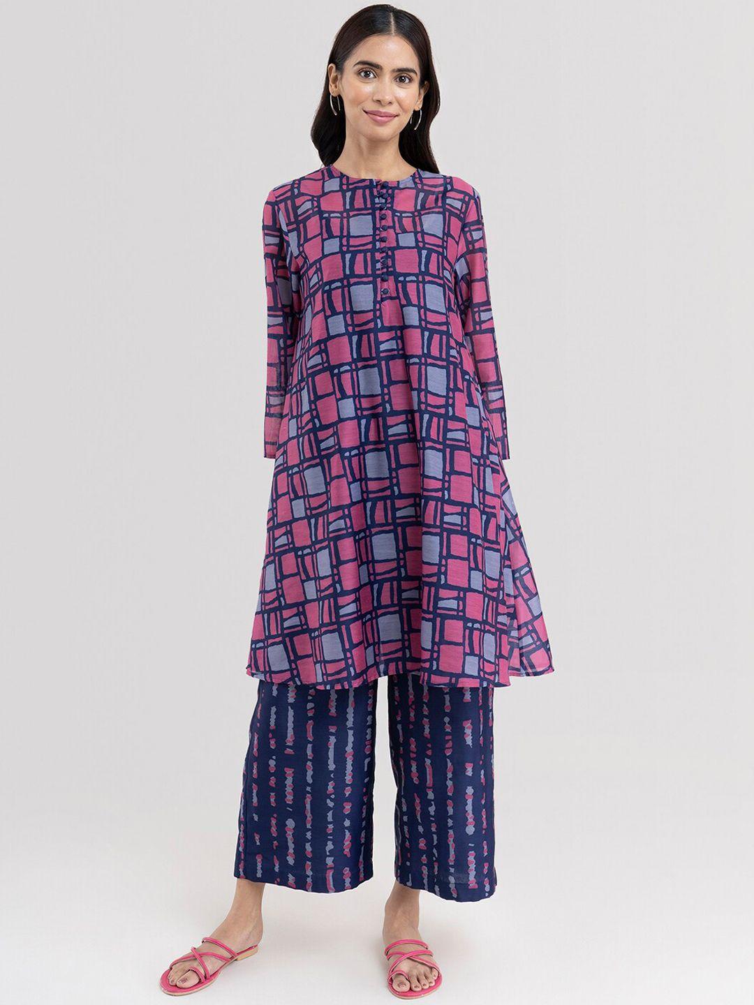 pink fort women printed panelled kurta with trousers