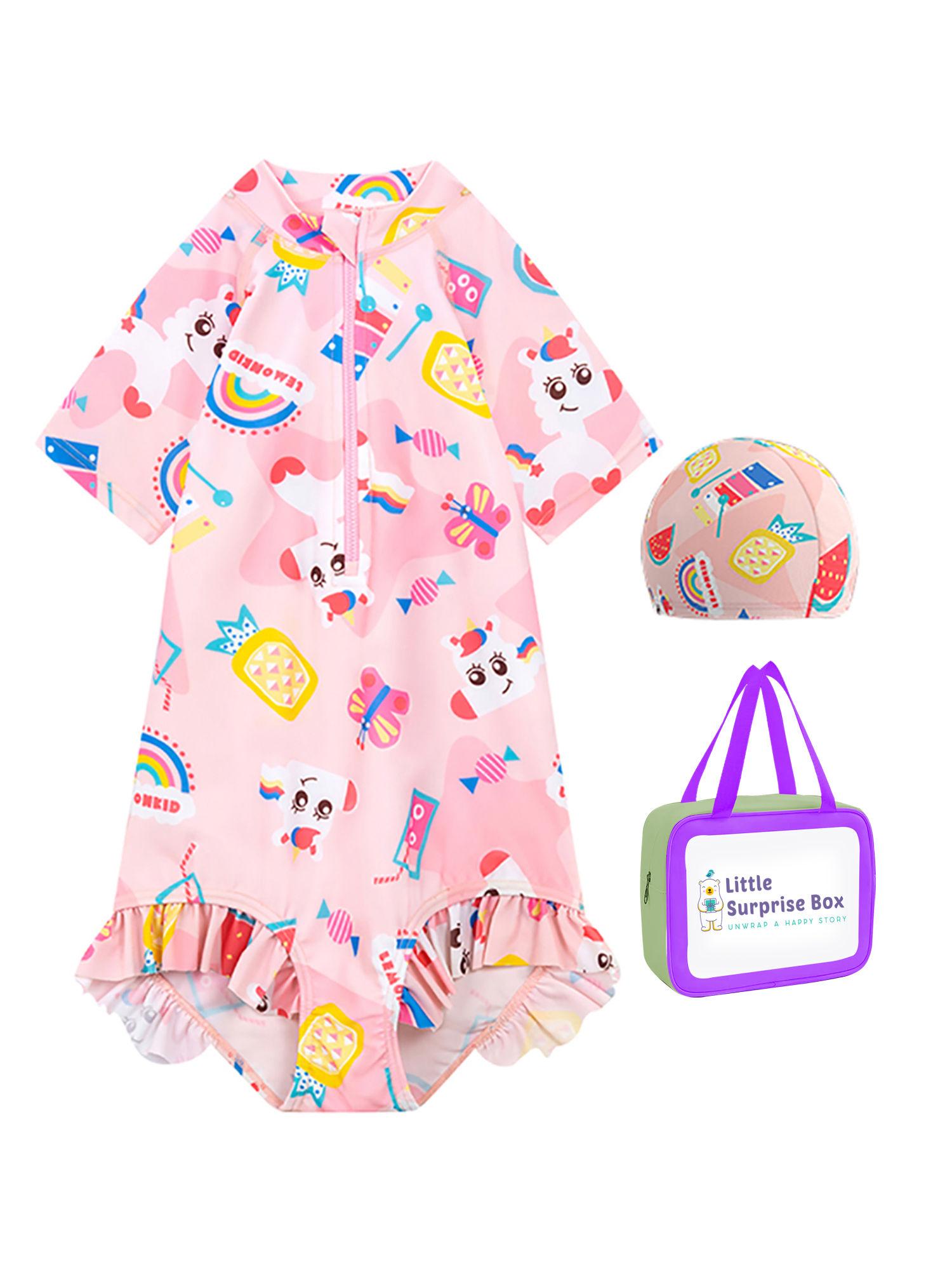 pink fruits & rainbow kids swimwear with matching swim cap