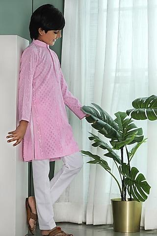 pink georgette & cotton embroidered kurta set for boys