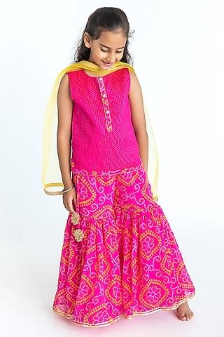 pink georgette bandhani printed sharara set for girls
