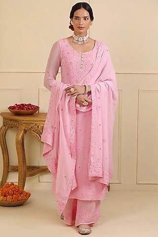 pink georgette chikankari embellished kurta set