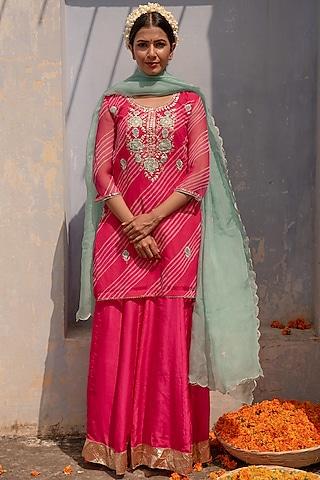 pink georgette machine embroidered leheriya kurta set