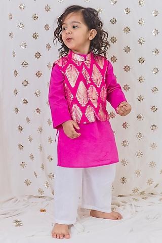 pink georgette zari embroidered jacquard nehru jacket set for boys