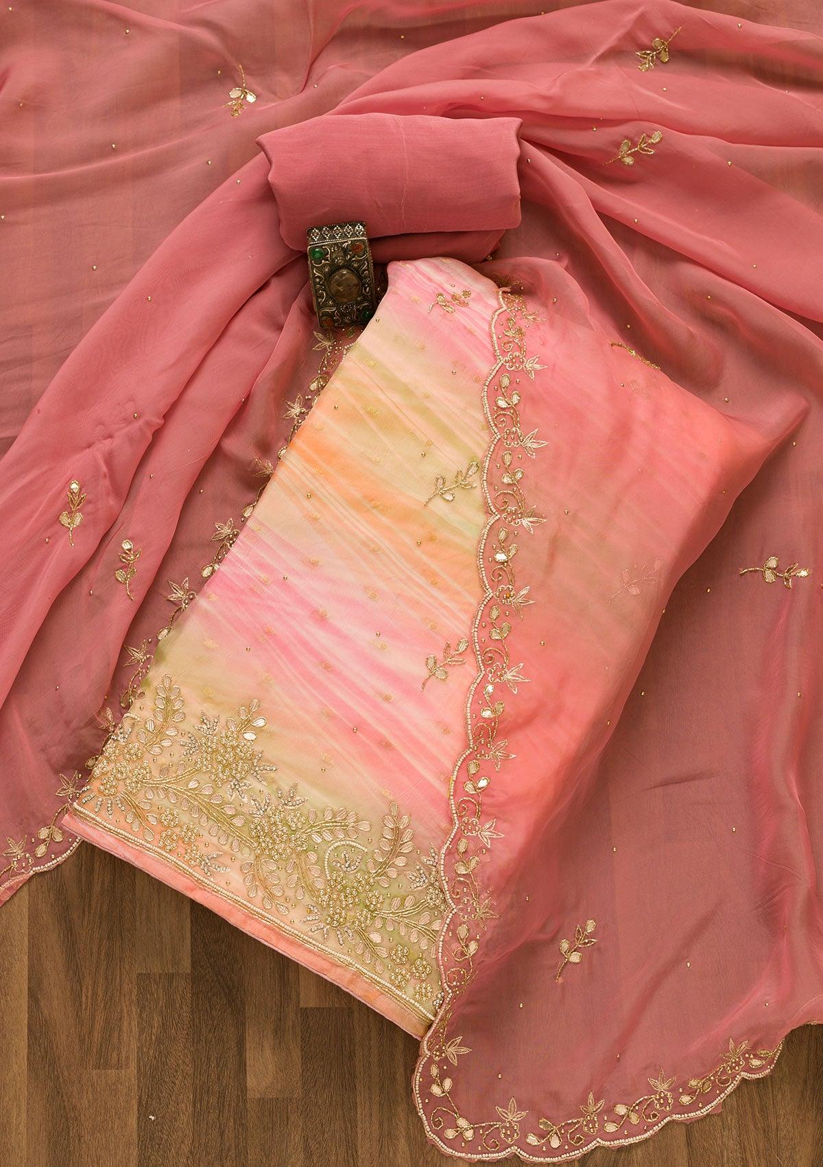 pink gotapatti organza unstitched salwar suit