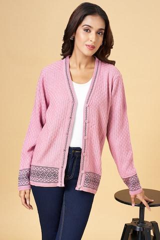 pink jacquard winter wear full sleeves v neck women regular fit cardigan