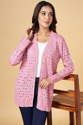 pink jacquard winter wear full sleeves v neck women regular fit cardigan