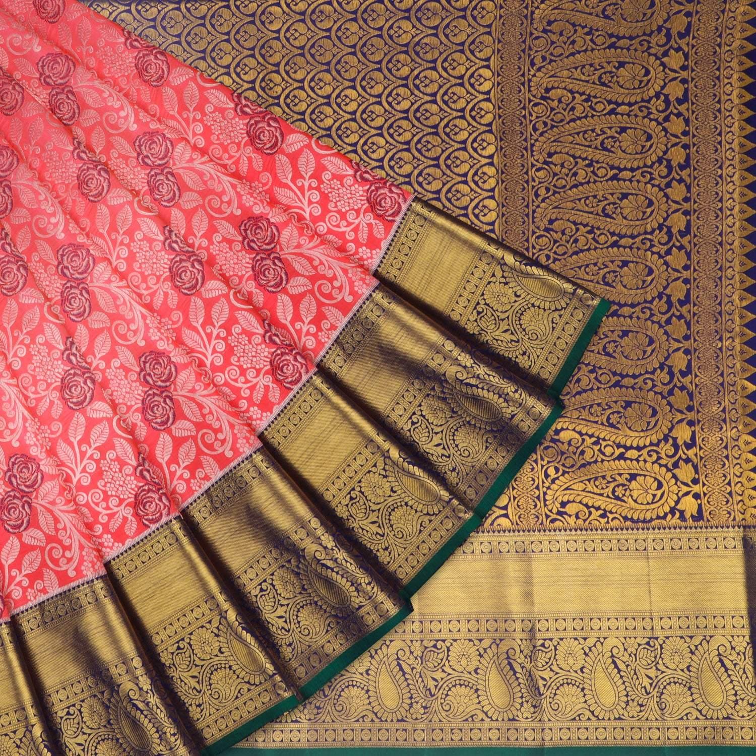 pink kanjivaram silk saree with floral motifs