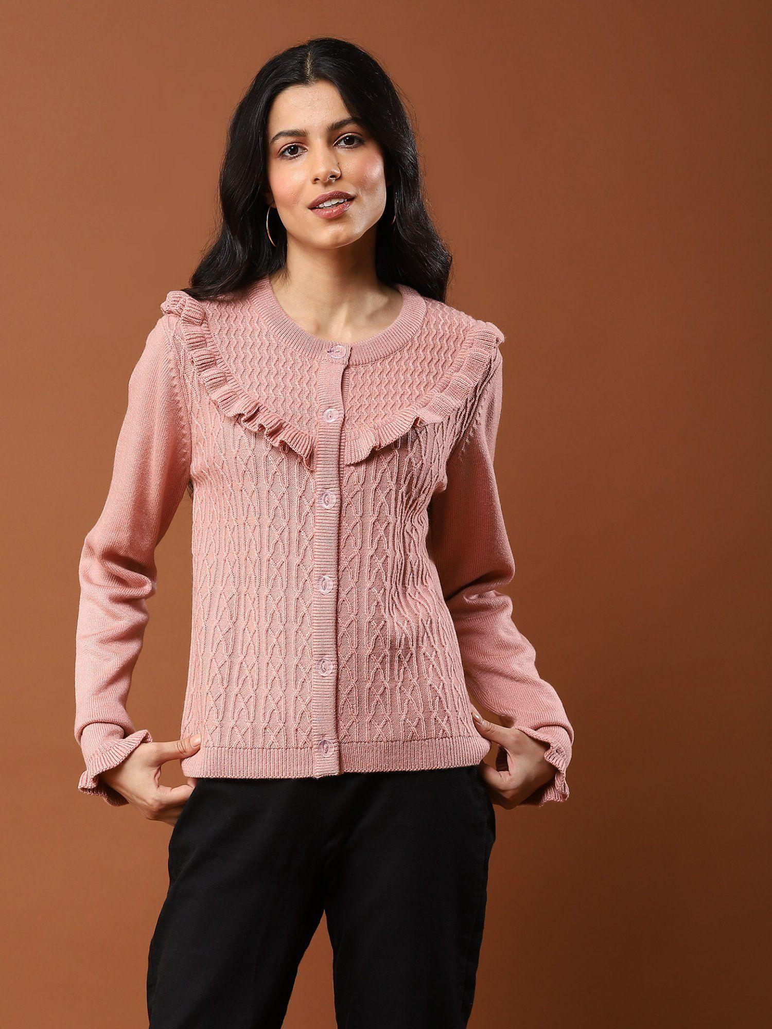pink knitted ruffle cardigan