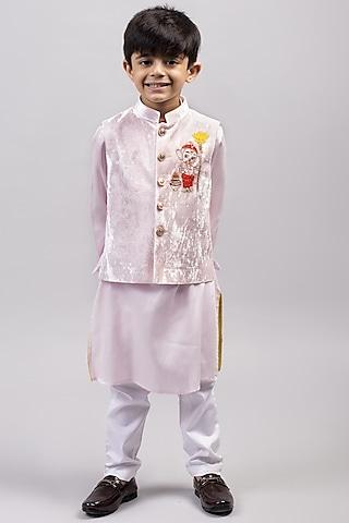 pink kurta set with bundi jacket for boys