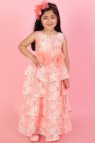 pink lace floral printed layered gown for girls