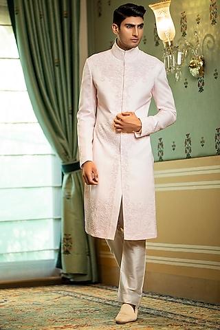 pink linen silk embroidered sherwani
