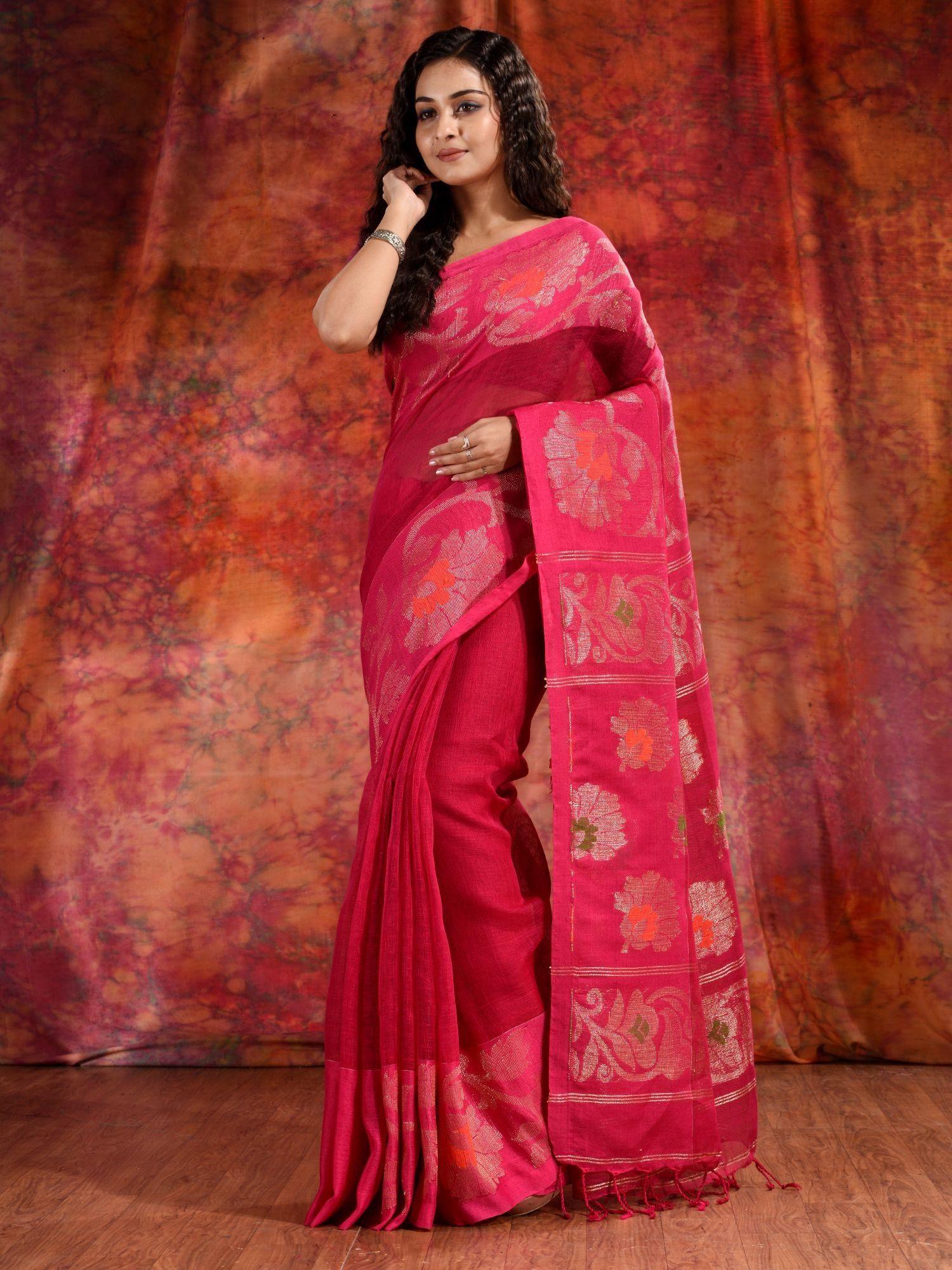 pink linen soft handwoven saree with floral design and unstitched blouse