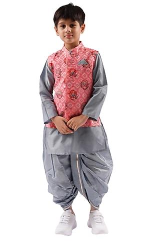 pink lurex chanderi digital printed nehru jacket set for boys