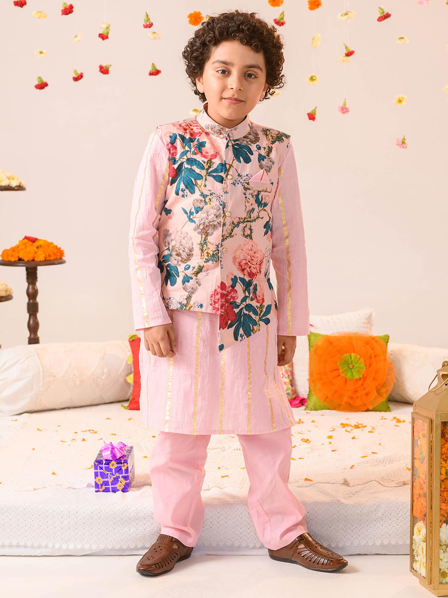 pink lurex kurta pyjama with jacket (set of 3)
