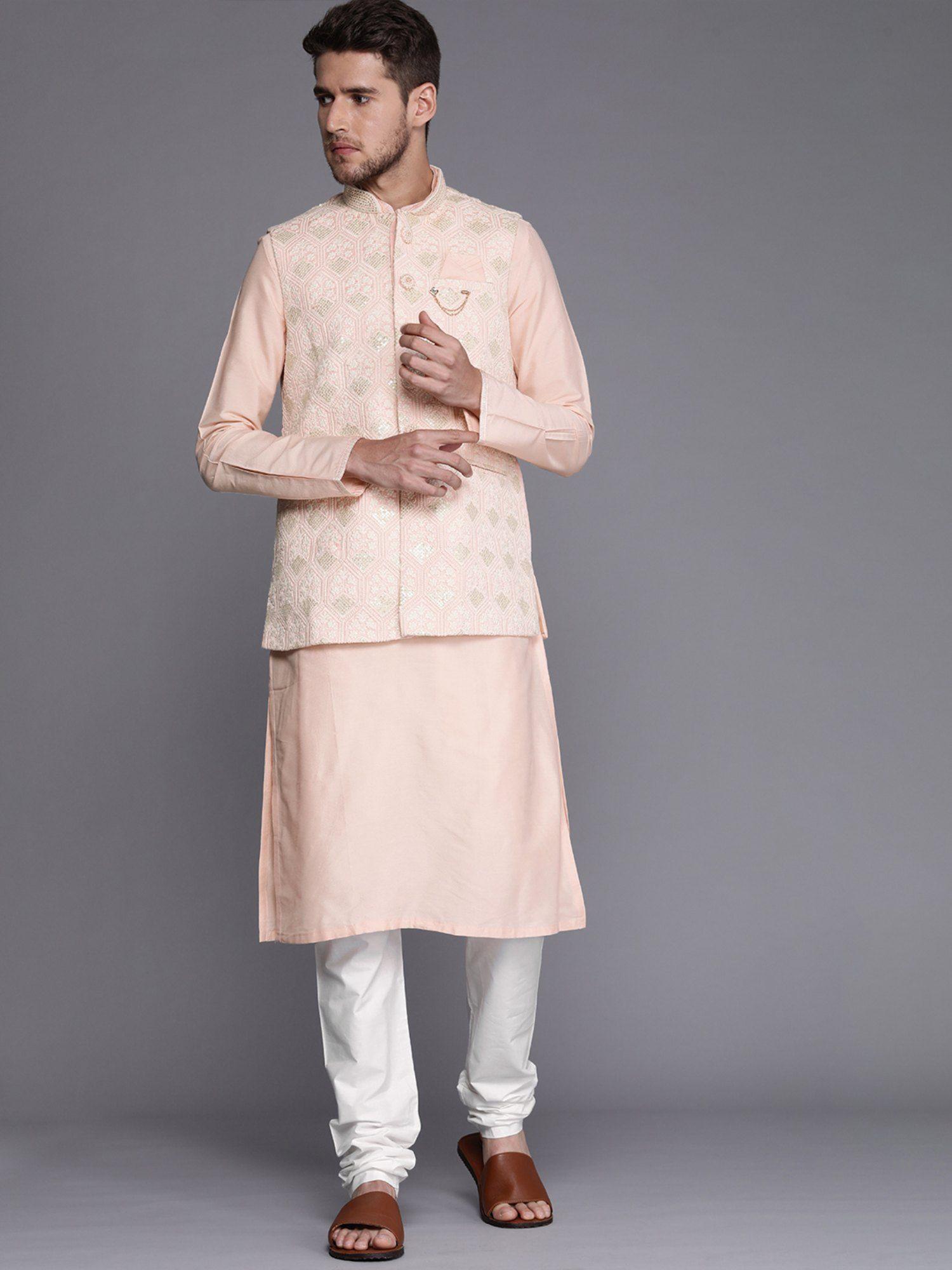 pink mandarin collar kurta jacket pyjama (set of 3)