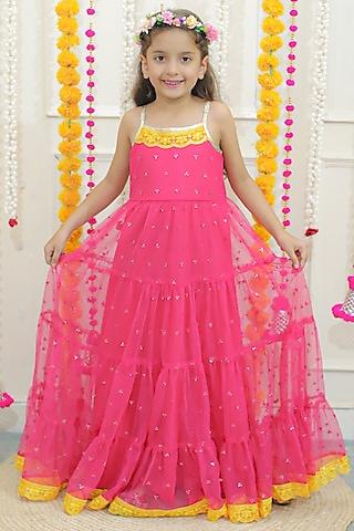 pink mesh tiered gown for girls