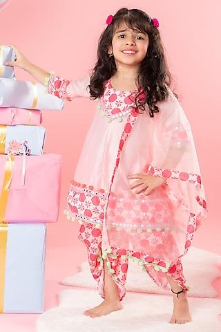 pink modal satin printed dhoti set for girls