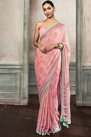 pink motifs printed saree set