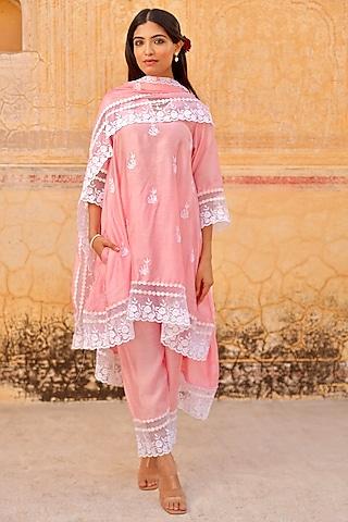 pink muslin aari embroidered a-line kurta set