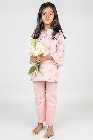 pink muslin digital printed kurta set for girls