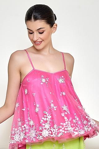 pink net & polyester satin embroidered camisole