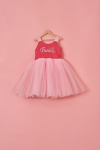 pink net & satin beads embroidered dress for girls