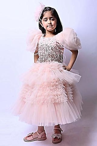 pink net ruffled dress for girls